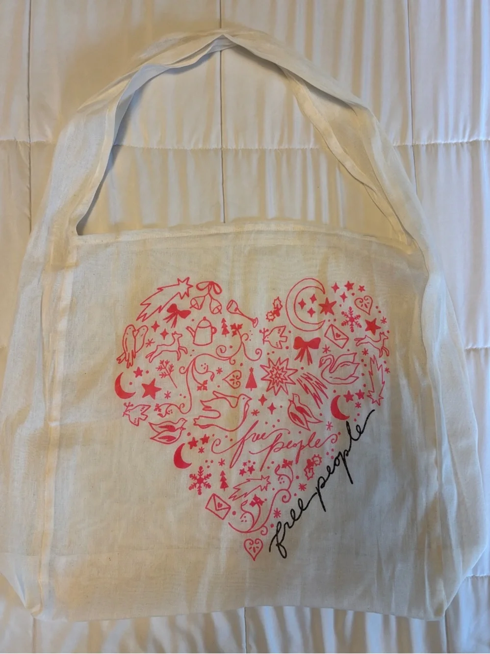 Free People Cream Canvas Tote with Pink Heart Graphic